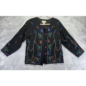 Vintage Silk Blend Black Lined Blazer Jacket Embroidered‎ Floral Art To Wear S
